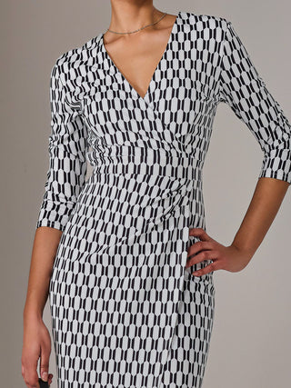 3/4 Sleeve Wrap Shift Dress, White Geo