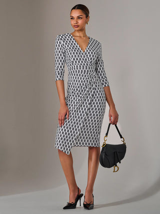 3/4 Sleeve Wrap Shift Dress, White Geo