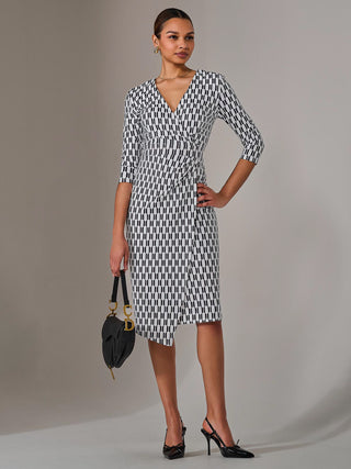 3/4 Sleeve Wrap Shift Dress, White Geo