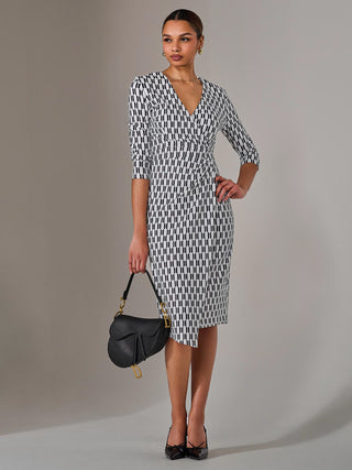 3/4 Sleeve Wrap Shift Dress, White Geo
