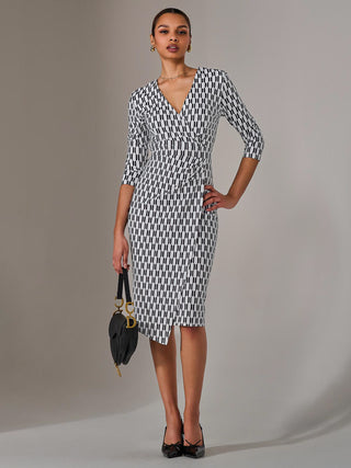 3/4 Sleeve Wrap Shift Dress, White Geo