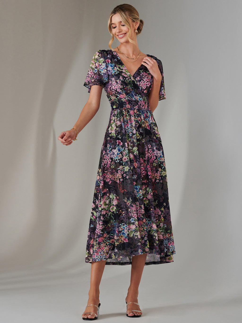 Angel Sleeve Wrap Bodice Mesh Maxi Dress, Floral Multi  Jolie Moi Wholesale