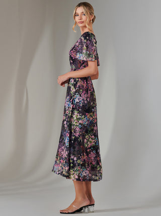 Angel Sleeve Wrap Bodice Mesh Maxi Dress, Floral Multi