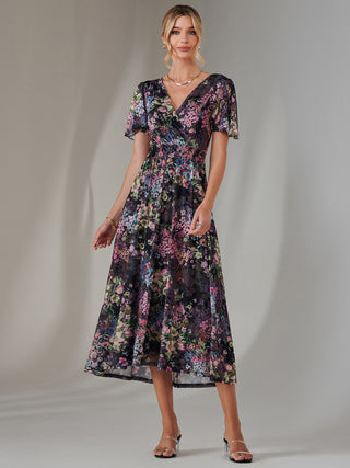 Angel Sleeve Wrap Bodice Mesh Maxi Dress, Floral Multi