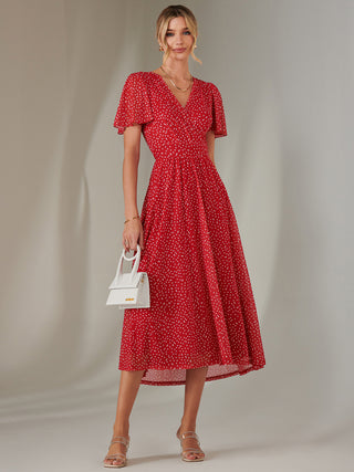 Angel Sleeve Wrap Bodice Mesh Maxi Dress, Red Geo