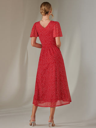 Angel Sleeve Wrap Bodice Mesh Maxi Dress, Red Geo