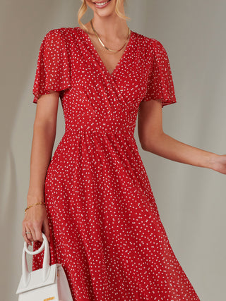 Angel Sleeve Wrap Bodice Mesh Maxi Dress, Red Geo