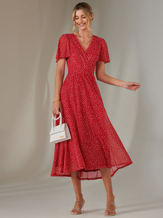 Angel Sleeve Wrap Bodice Mesh Maxi Dress, Red Geo