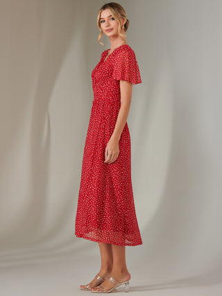 Angel Sleeve Wrap Bodice Mesh Maxi Dress, Red Geo