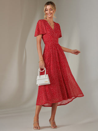 Angel Sleeve Wrap Bodice Mesh Maxi Dress, Red Geo