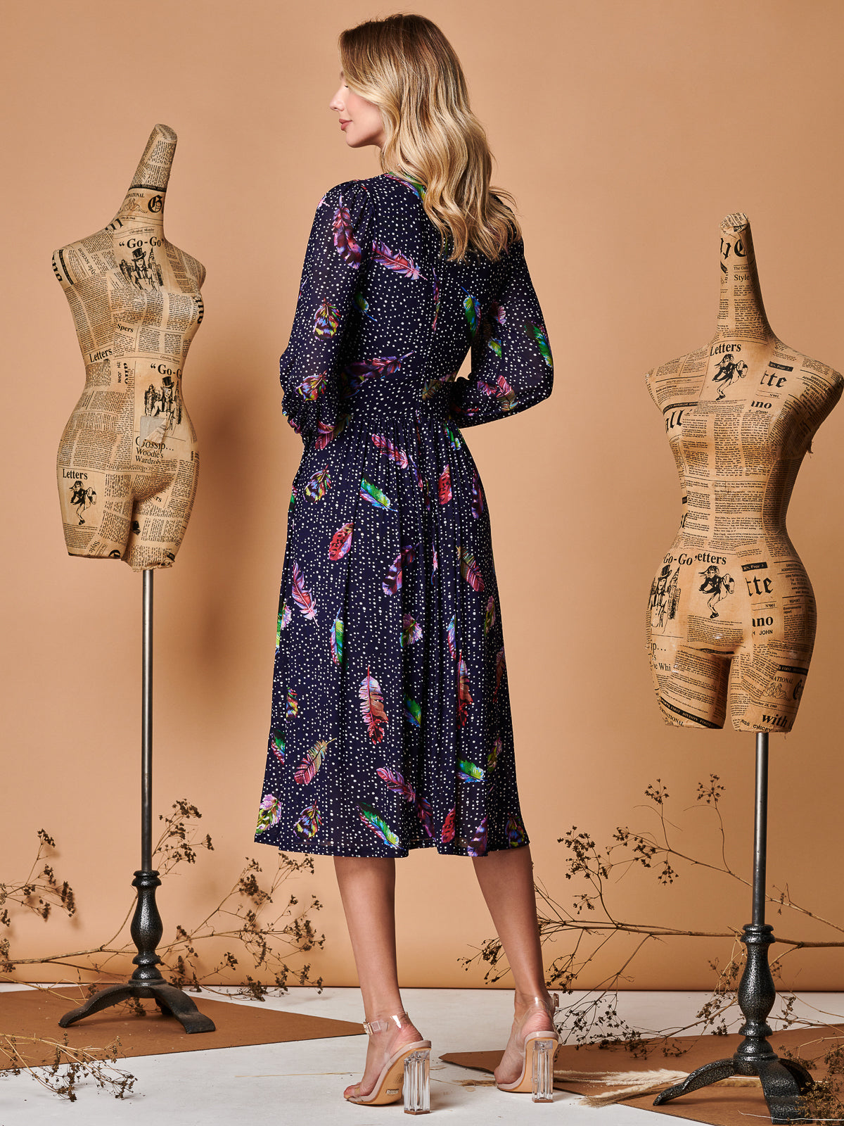 Wrap Front Long Sleeve Mesh Dress, Navy Feather