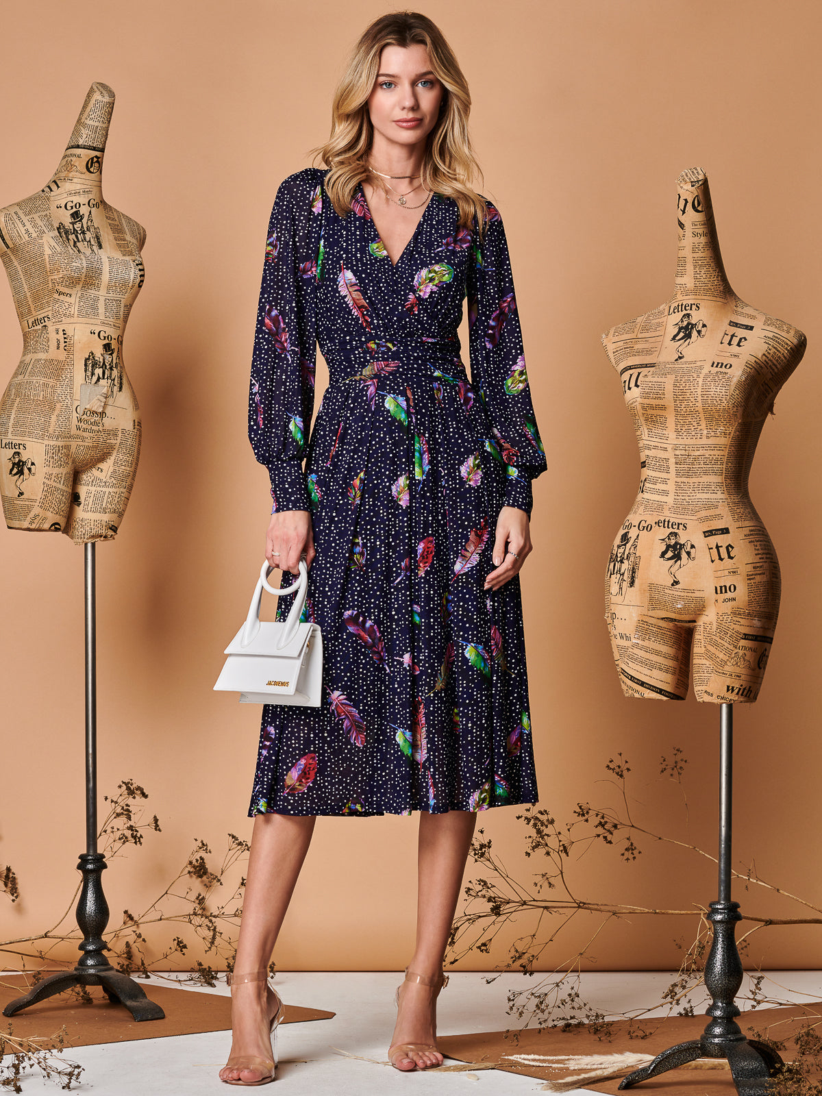 Wrap Front Long Sleeve Mesh Dress, Navy Feather