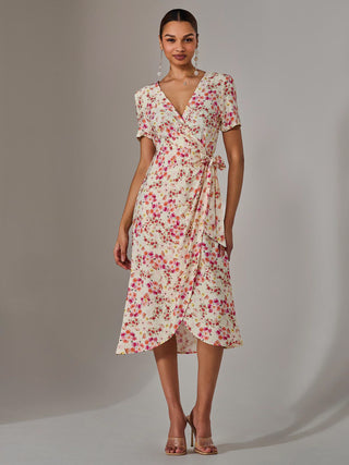 Wrap Midi Dress, Pink Floral