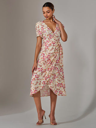 Wrap Midi Dress, Pink Floral