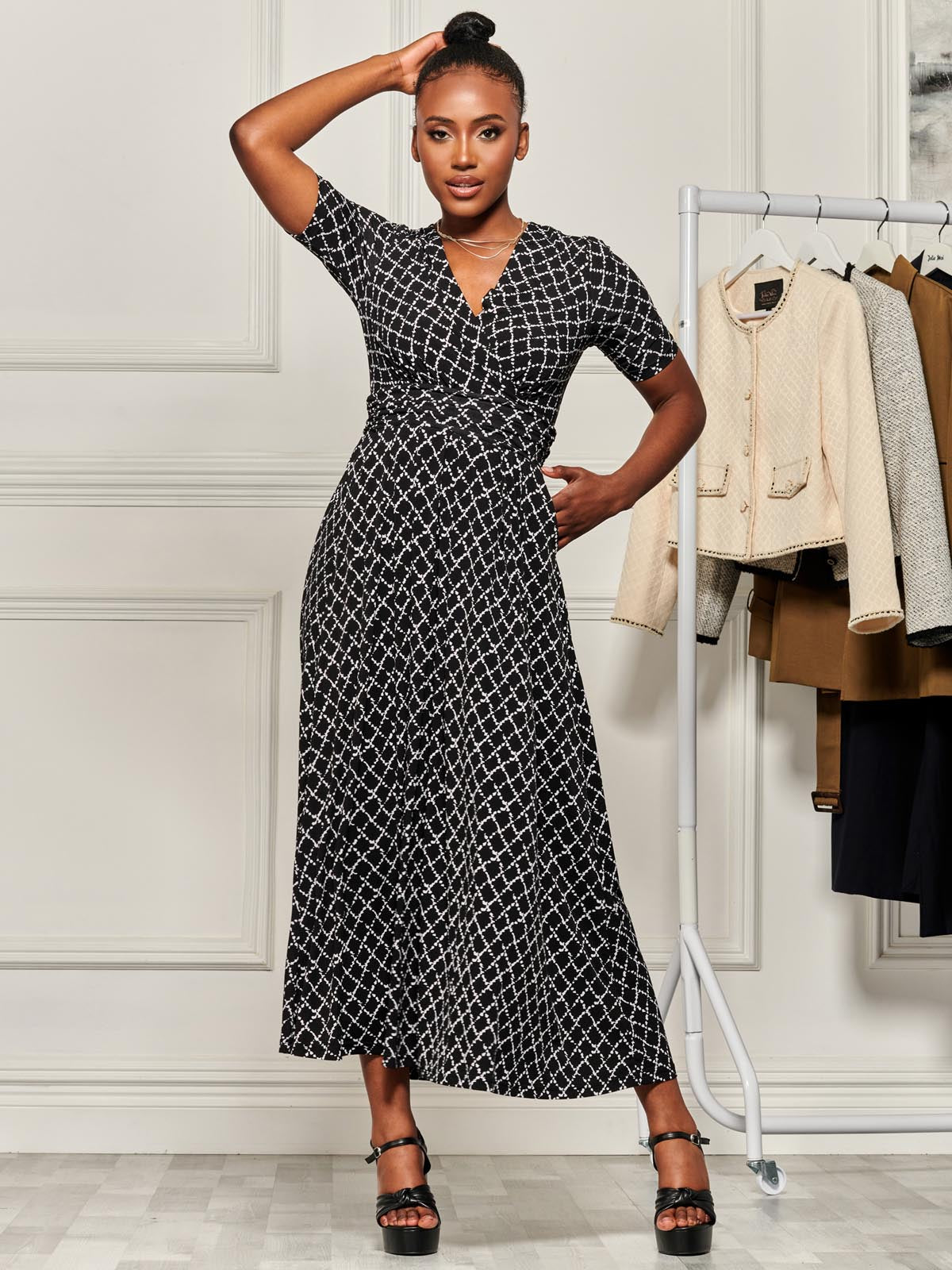 Wrap Front Jersey Maxi Dress, Black Geo
