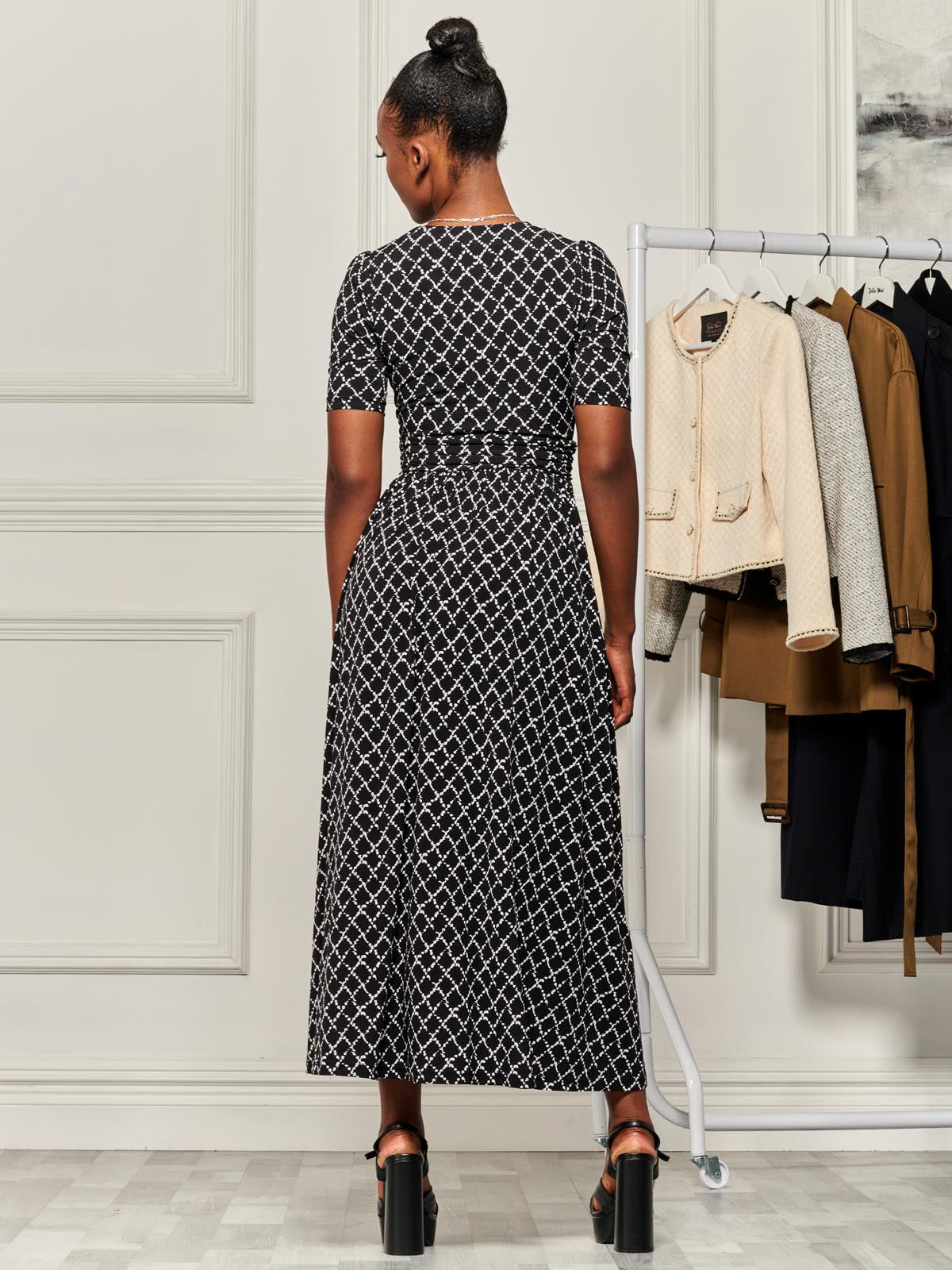 Wrap Front Jersey Maxi Dress, Black Geo