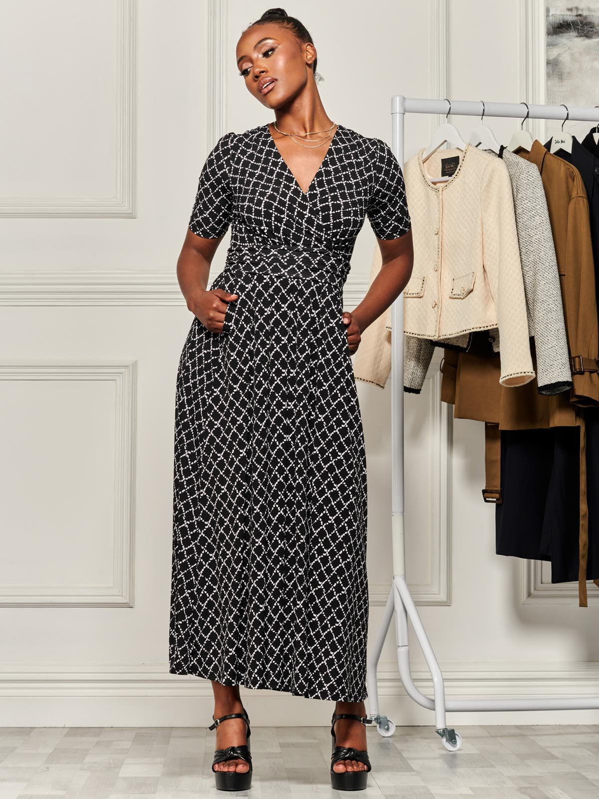Wrap Front Jersey Maxi Dress, Black Geo