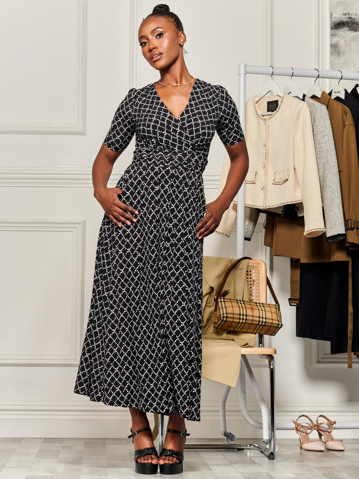 Wrap Front Jersey Maxi Dress, Black Geo