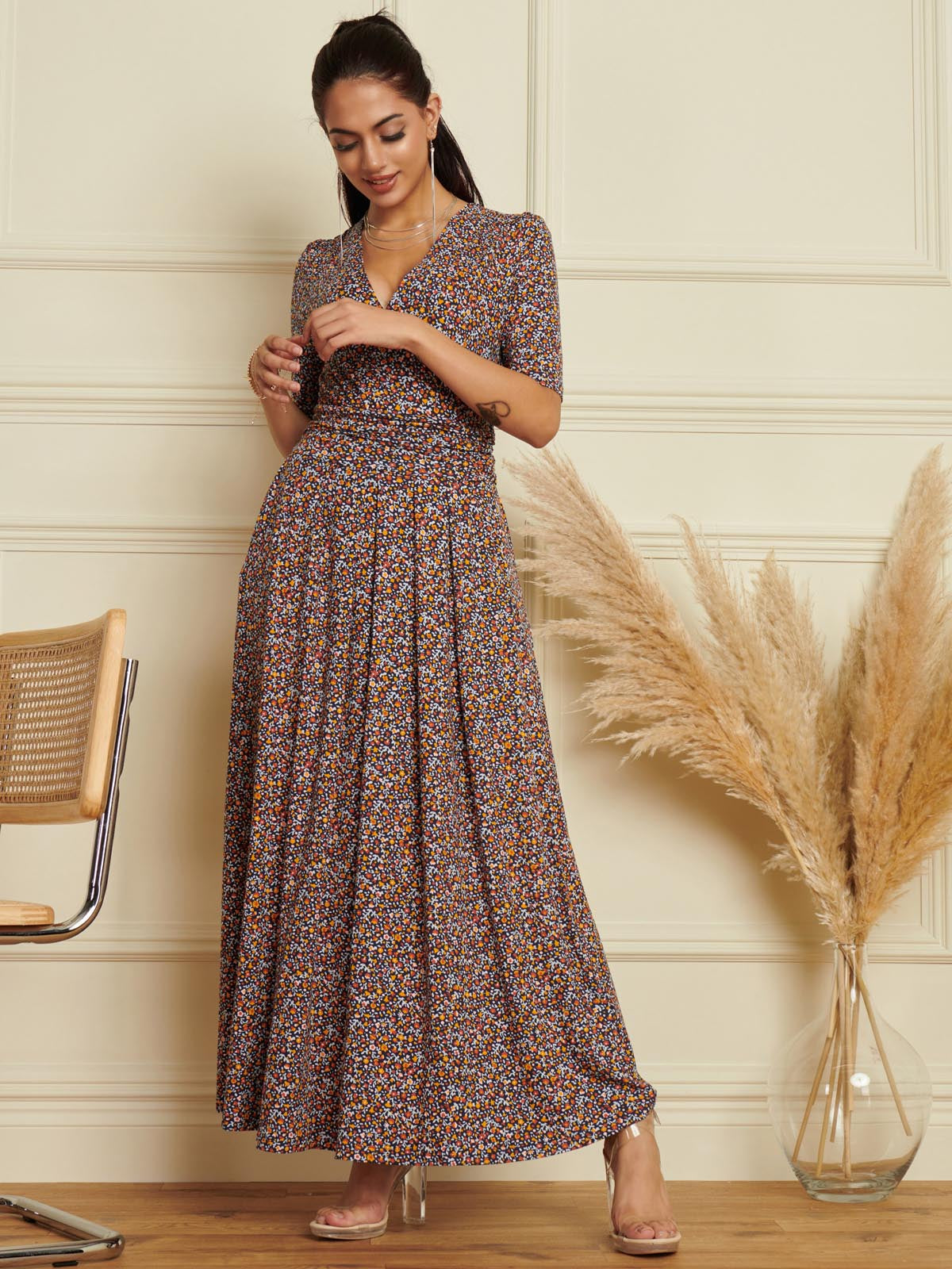 Wrap Front Viscose Maxi Dress, Navy Floral