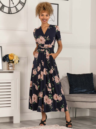 floral print maxi dress, floral dress, floral print dresses, maxi dress with sleeves, jersey dress uk, jersey dress with sleeves, jersey dress for women, dress with sleeves, sleeved maxi dress, floral wrap dress, navy dresses, navy maxi dress, wedding guest dress, wedding guest maxi dress