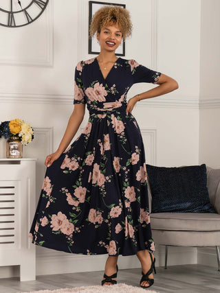 floral print maxi dress, floral dress, floral print dresses, maxi dress with sleeves, jersey dress uk, jersey dress with sleeves, jersey dress for women, dress with sleeves, sleeved maxi dress, floral wrap dress, navy dresses, navy maxi dress, wedding guest dress, wedding guest maxi dress