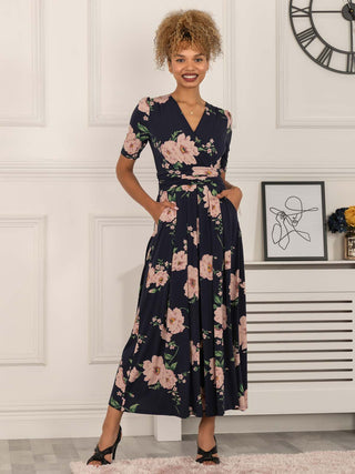 floral print maxi dress, floral dress, floral print dresses, maxi dress with sleeves, jersey dress uk, jersey dress with sleeves, jersey dress for women, dress with sleeves, sleeved maxi dress, floral wrap dress, navy dresses, navy maxi dress, wedding guest dress, wedding guest maxi dress
