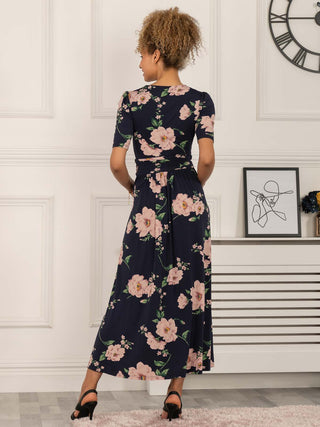 floral print maxi dress, floral dress, floral print dresses, maxi dress with sleeves, jersey dress uk, jersey dress with sleeves, jersey dress for women, dress with sleeves, sleeved maxi dress, floral wrap dress, navy dresses, navy maxi dress, wedding guest dress, wedding guest maxi dress