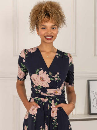 floral print maxi dress, floral dress, floral print dresses, maxi dress with sleeves, jersey dress uk, jersey dress with sleeves, jersey dress for women, dress with sleeves, sleeved maxi dress, floral wrap dress, navy dresses, navy maxi dress, wedding guest dress, wedding guest maxi dress