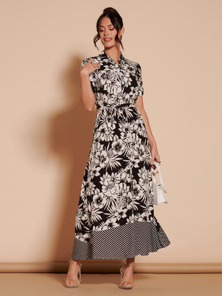 Elsie Floral Viscose Shirt Maxi Dress, Black Multi