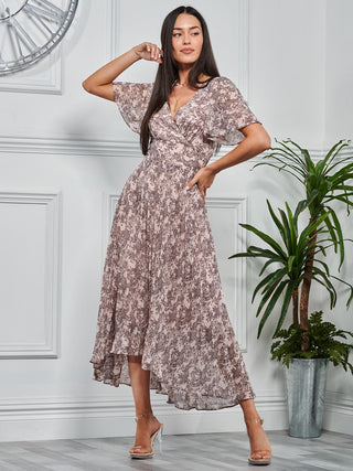 chiffon angel sleeve dress boohoo Women's Floral Angel Sleeve Chiffon Plunge Maxi Dress