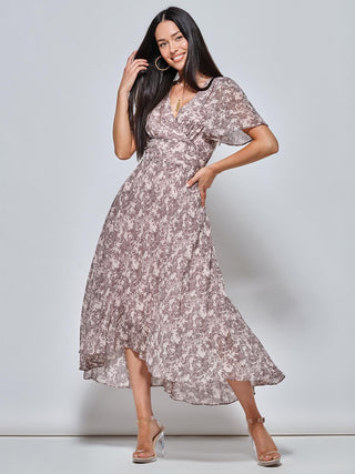 Chiffon Angel Sleeve Pleated Maxi Dress, Pink Multi Jolie Moi Wholesale Chiffon Angel Sleeve Pleated Maxi Dress, Pink Multi Jolie Moi Wholesale