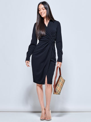 Plain Wrap Front Buckle Shirt Dress,  Black