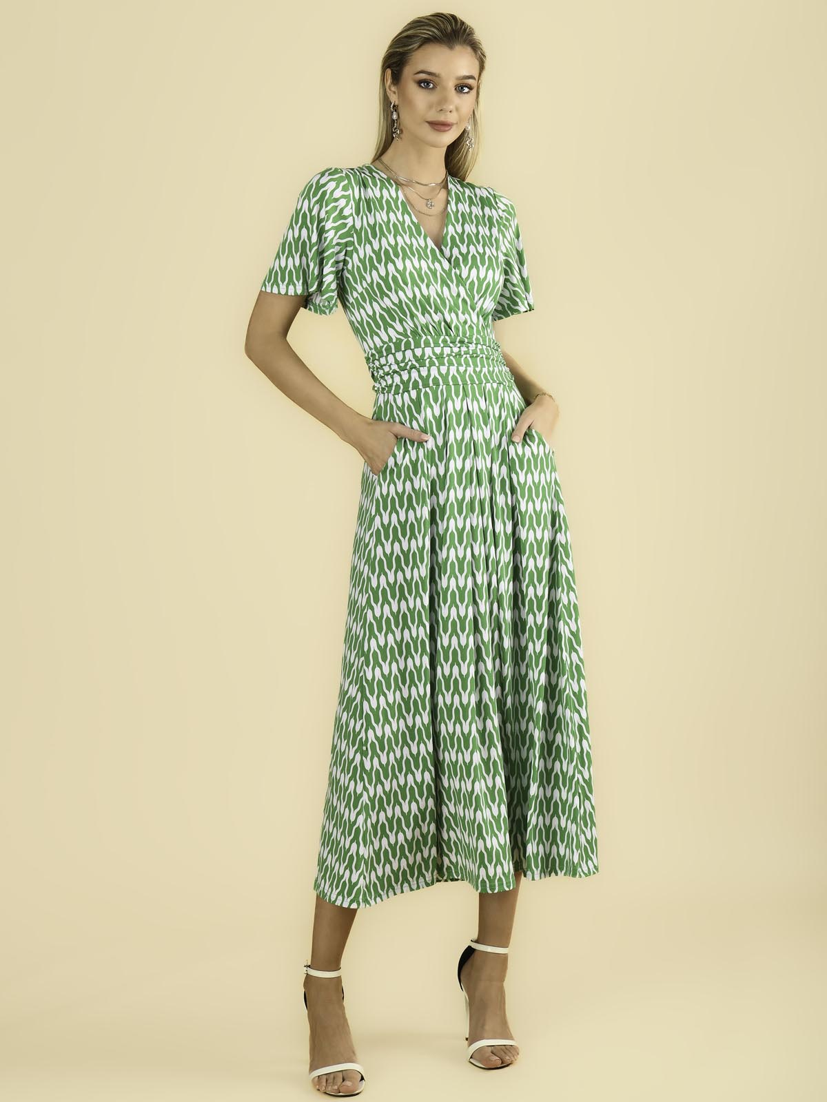 Jaylynn Flare Sleeve Jersey Maxi Dress, Green Geometric