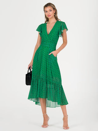 Leena Mesh Cap Sleeve Tiered Maxi Dress, Green Polka