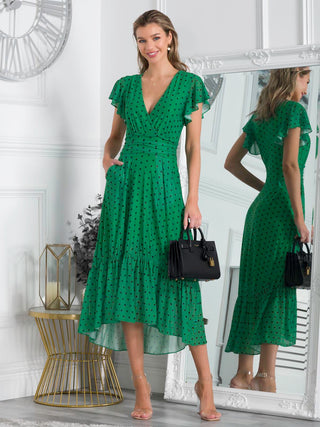 Leena Mesh Cap Sleeve Tiered Maxi Dress, Green Polka