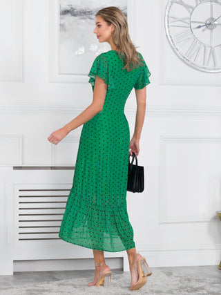 Leena Mesh Cap Sleeve Tiered Maxi Dress, Green Polka