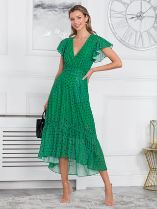 Leena Mesh Cap Sleeve Tiered Maxi Dress, Green Polka Jolie Moi Wholesale Leena Mesh Cap Sleeve Tiered Maxi Dress, Green Polka Jolie Moi Wholesale