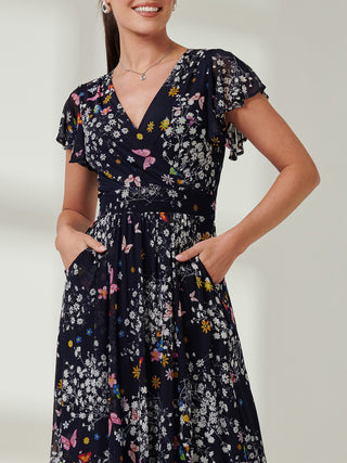 Wrap Dip Hem Mesh Maxi Dress, Navy Floral