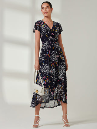 Wrap Dip Hem Mesh Maxi Dress, Navy Floral