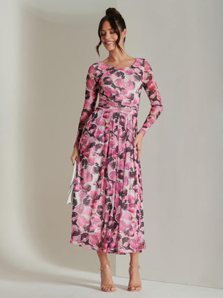 Abstract Print Mesh Long Sleeve Maxi Dress, Pink Multi