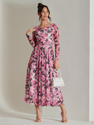 Abstract Print Mesh Long Sleeve Maxi Dress, Pink Multi