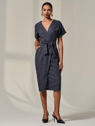 Short Sleeve Tie Waist Midi Dress, Dark Grey