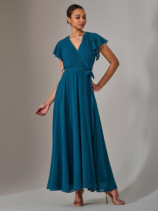 Chiffon Flutter Sleeve Maxi Dress, Teal
