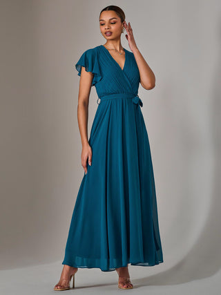 Chiffon Flutter Sleeve Maxi Dress, Teal