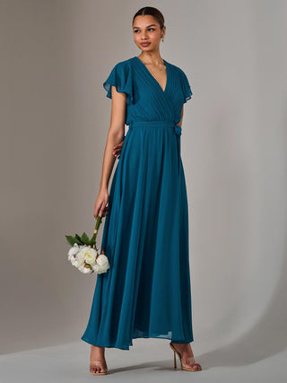 Chiffon Flutter Sleeve Maxi Dress, Teal