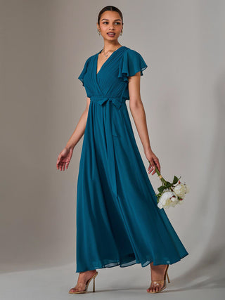 Chiffon Flutter Sleeve Maxi Dress, Teal