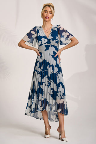 Pleated Chiffon Maxi Dress, Beige Floral