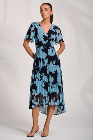 Pleated Chiffon Maxi Dress, Blue Floral