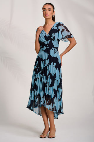 Pleated Chiffon Maxi Dress, Blue Floral
