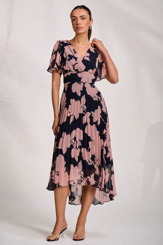 Pleated Chiffon Maxi Dress, Pink Floral